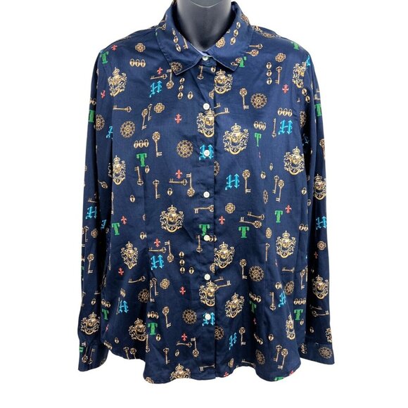 Tommy Hilfiger Women Large Button Up Collar Blouse Top Royal Crest Key Navy - Picture 1 of 9